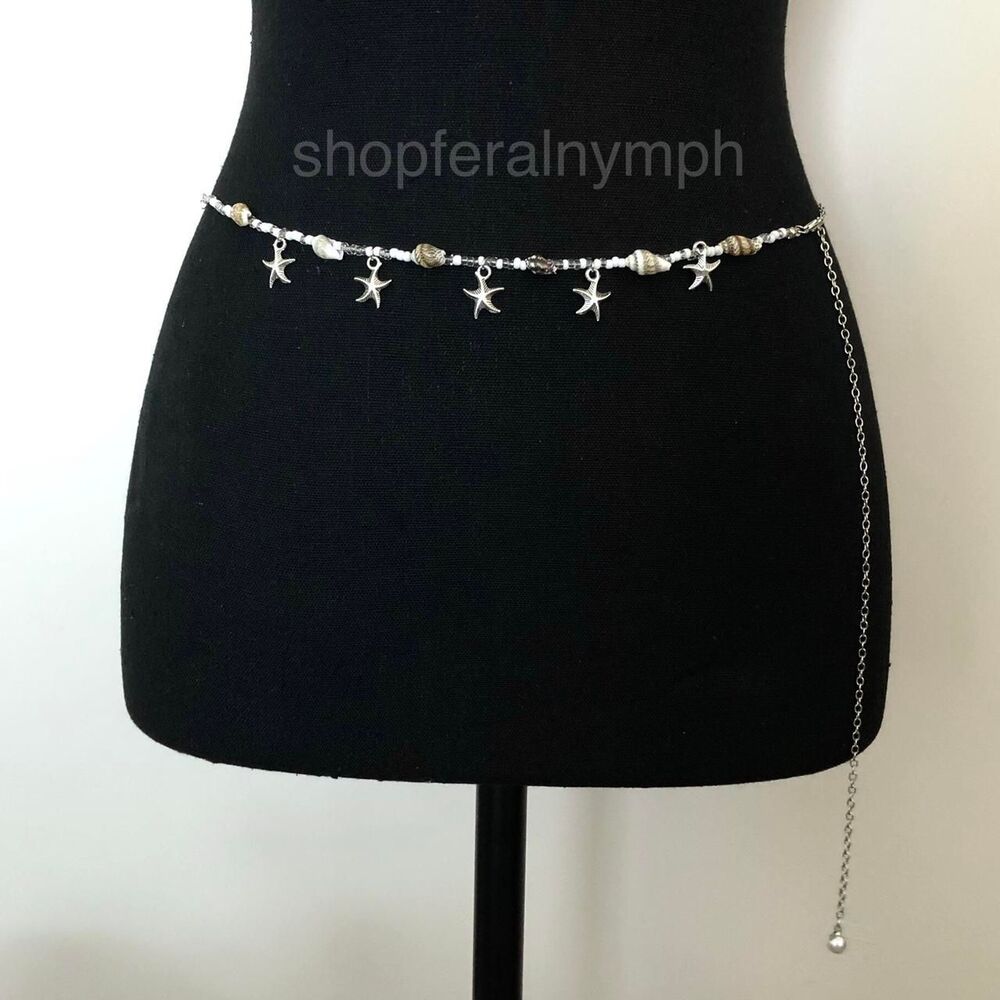 Mermaidcore Starfish Seashell Silver Chain Belt, Up to 38.5 Inches, X7GA1135